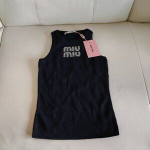 NWT Miu Miu Black Crystal-Embellished Logo Sleeveless Tank Top(100 - 120 pounds)